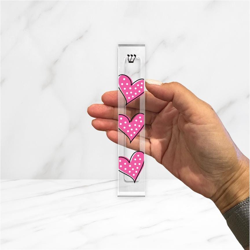 Personalized Heart Mezuzah - With or without name - Pink Polka Dot Hearts - Acrylic Mezuzah - Kids Mezuzah - New Baby Gift - Baby Girl Gift