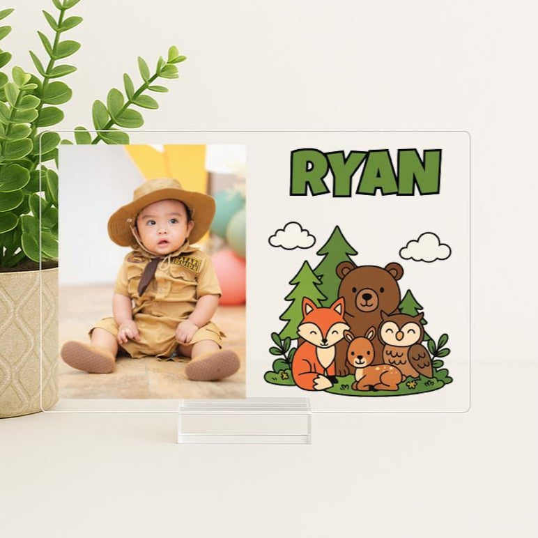 Personalized Woodland Animal Picture Frame – Baby Boy Nursery Decor – Forest Animal Name Sign – Custom Acrylic Photo Frame for Kids