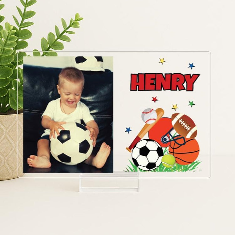 Personalized Baby Photo Frame with Sports theme – Custom Acrylic Picture Name Sign for Nursery or Birthday Gift, New Baby Boy, Picture Frame