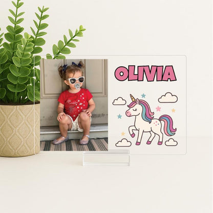 Personalized Unicorn Acrylic Picture Frame for Baby Girl, Custom Photo Gift with Name for New Baby, Toddler, Nursery Decor, Unicorn Gift
