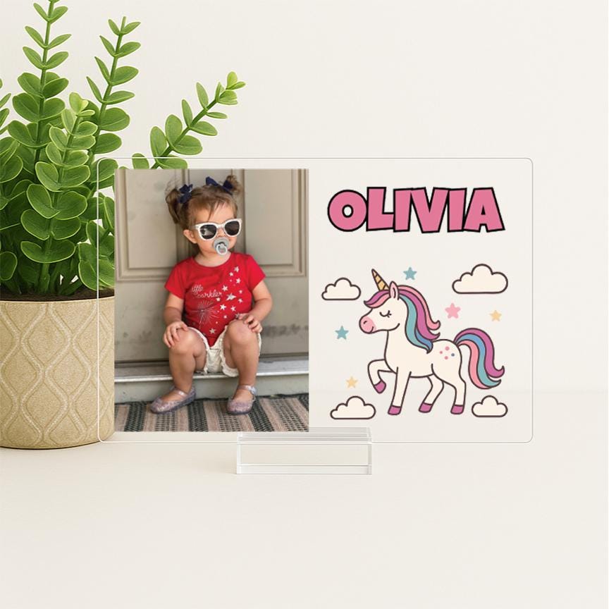 Personalized Unicorn Acrylic Picture Frame for Baby Girl, Custom Photo Gift with Name for New Baby, Toddler, Nursery Decor, Unicorn Gift