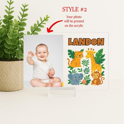 Personalized Woodland Animal Picture Frame – Baby Boy Nursery Decor – Forest Animal Name Sign – Custom Acrylic Photo Frame for Kids