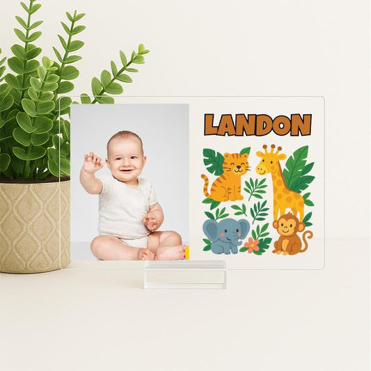 Personalized Woodland Animal Picture Frame – Baby Boy Nursery Decor – Forest Animal Name Sign – Custom Acrylic Photo Frame for Kids