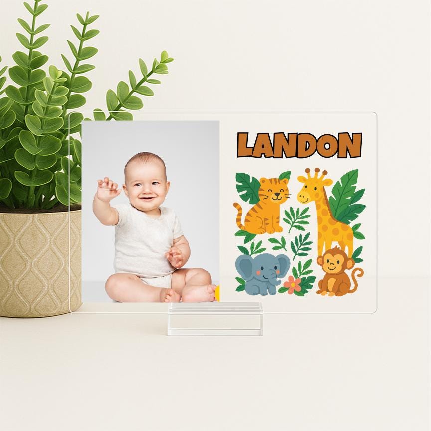 Personalized Woodland Animal Picture Frame – Baby Boy Nursery Decor – Forest Animal Name Sign – Custom Acrylic Photo Frame for Kids