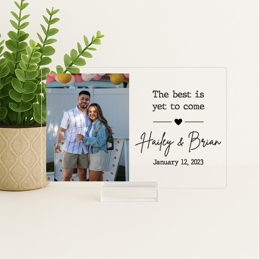Personalized Acrylic Engagement Frame – Custom Photo Gift for Couple with Names & Quote – Engagement or Wedding Keepsake Sign