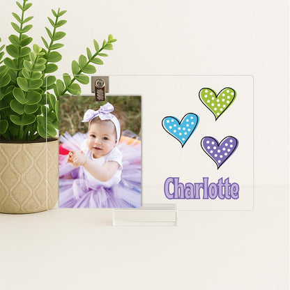 Personalized Baby Photo Frame with Dotted Hearts – Custom Acrylic Picture Name Sign for Nursery or Birthday Gift, New Baby Girl
