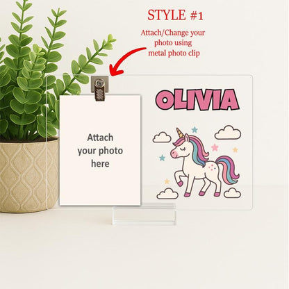 Personalized Unicorn Acrylic Picture Frame for Baby Girl, Custom Photo Gift with Name for New Baby, Toddler, Nursery Decor, Unicorn Gift