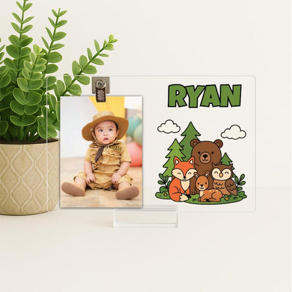 Personalized Woodland Animal Picture Frame – Baby Boy Nursery Decor – Forest Animal Name Sign – Custom Acrylic Photo Frame for Kids