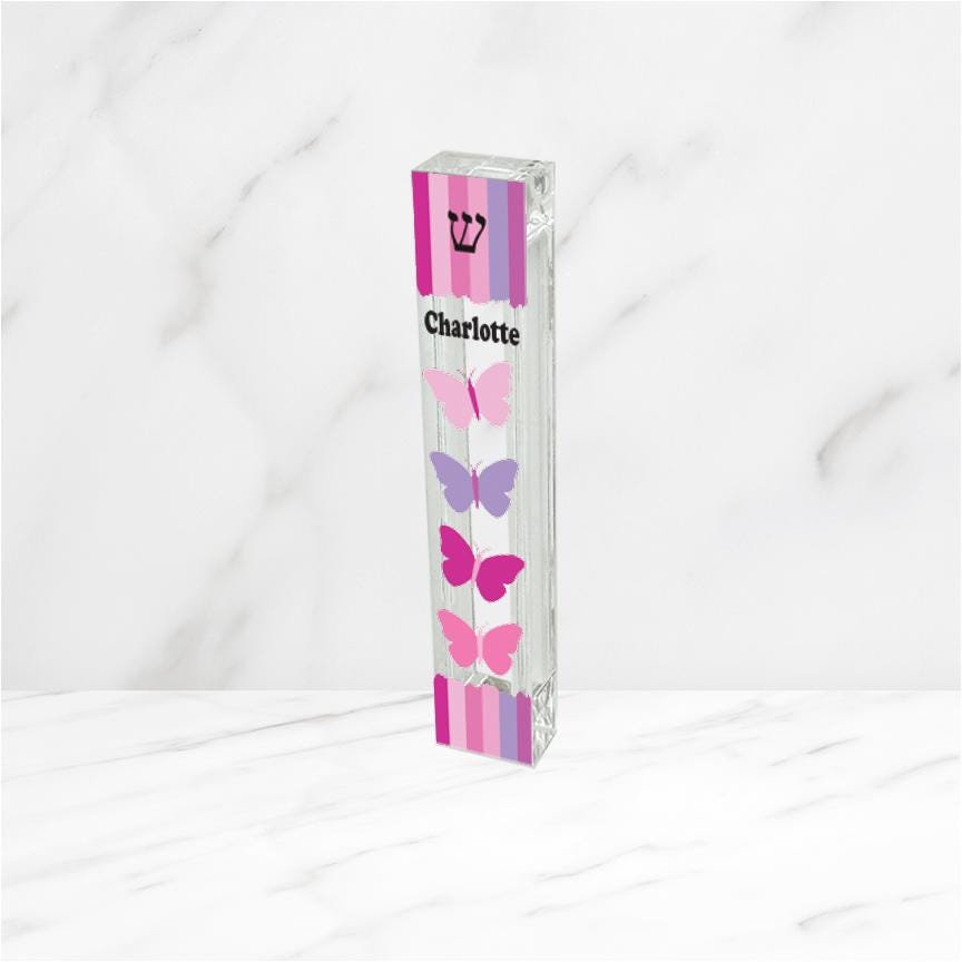 Butterfly Mezuzah with Pink and Purple Stripes - Acrylic Mezuzah - Modern Mezuzah Personalized Judaica Gift - New Baby Gift - New Home Gift