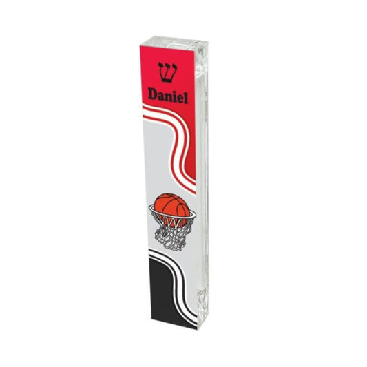 Personalized Basketball Mezuzah - Boys Room - Acrylic Mezuzah - Red, grey & black Modern Mezuzah - Teen Mezuzah - Basketball Theme Mezuzah