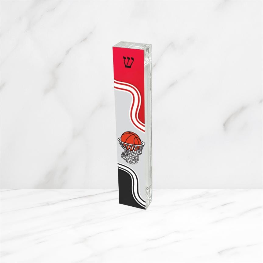 Personalized Basketball Mezuzah - Boys Room - Acrylic Mezuzah - Red, grey & black Modern Mezuzah - Teen Mezuzah - Basketball Theme Mezuzah