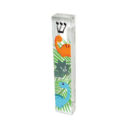 Personalized acrylic mezuzah case with colorful dinosaur design and custom name option, fun Judaica gift for kids or baby room
