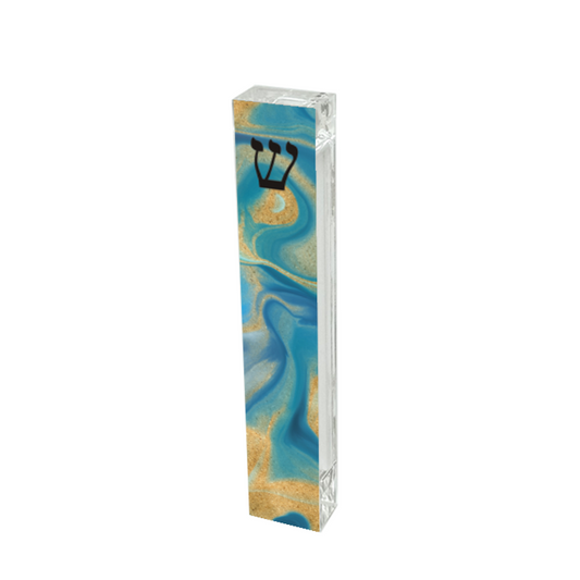Blue and Gold Fluid Art Mezuzah