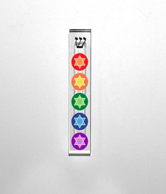 Mezuzah - Rainbow Colored Jewish Stars - Acrylic Mezuzah - Modern Mezuzah - Personalized Judaica Gift -Stars of David Mezuzah - Colorful