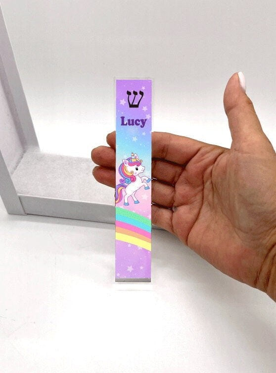 Unicorn Mezuzah - Personalized Mezuzah - Rainbow - Acrylic Mezuzah - Modern Mezuzah - Custom Mezuzah - New Baby Gift  - Baby Naming Gift