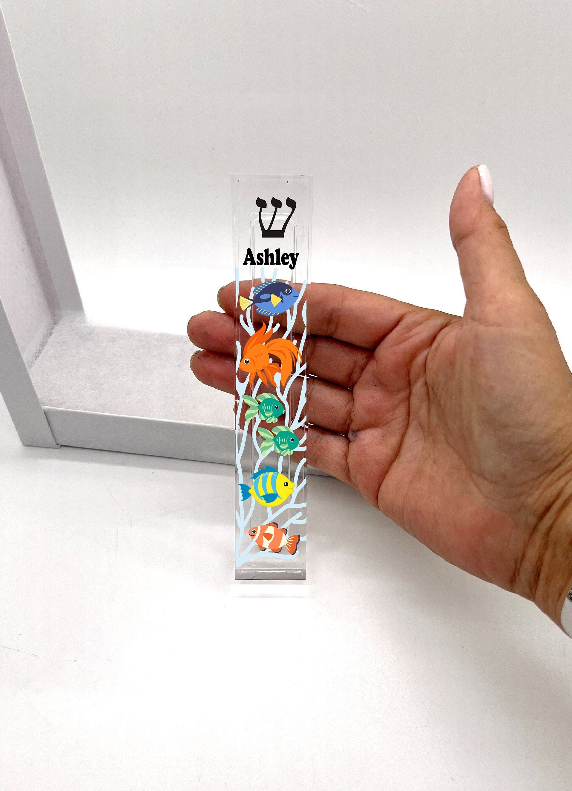 Personalized Mezuzah -Fish Mezuzah - Acrylic Mezuzah - Modern Mezuzah -Under the sea theme - New Baby Gift  - Bris Gift- Baby Naming Gift