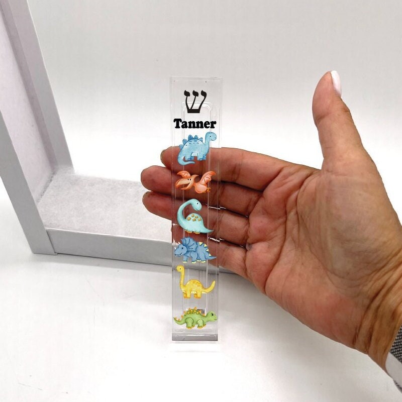 Dinosaur Mezuzah - Personalized Mezuzah - Acrylic Mezuzah - Dinosaur theme mezuzah- Personalized Judaica Gift - New Baby Gift -Bris Gift