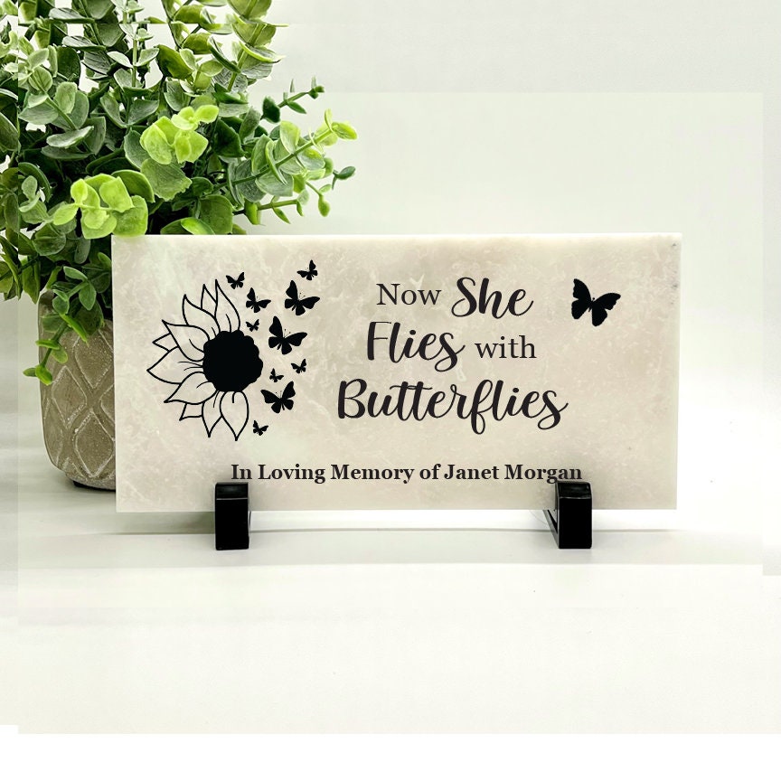 Memorial Stone - Now she flies with Butterflies - Sympathy Gift Bereavement Gift Funeral Gift - Condolence Gift - Custom Memorial Gift