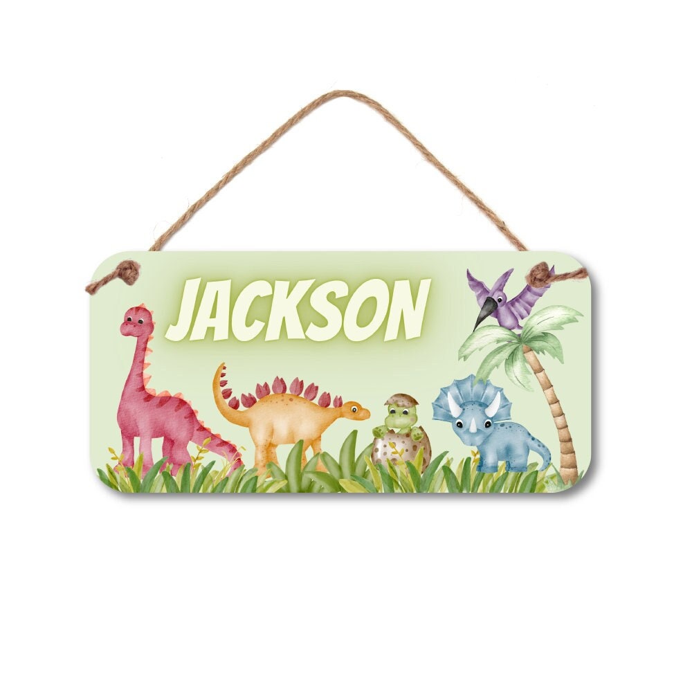 Dinosaur Name Sign - 5" x 10" Watercolor Dinosaurs Name Sign - Dinosaur Room Decor - Custom Room Sign - Boy Name Sign - custom Kids art