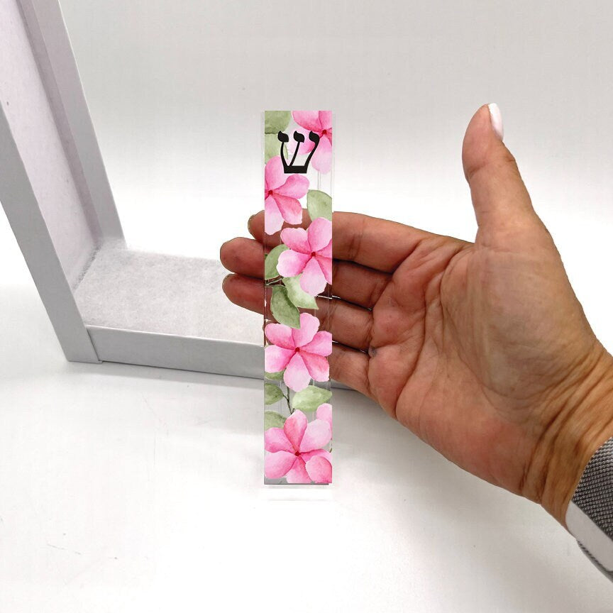 Mezuzah - Pink Watercolor Flowers Mezuzah - With or without name - Acrylic Flower Mezuzah - Floral Judaica Gift - New Baby Gift