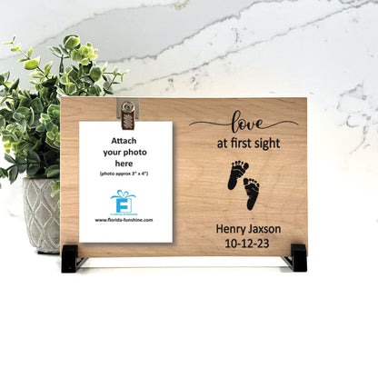 Personalized new baby gift, Love at first sight personalized Wood Frame with baby's name and birth date on wood color of your choice