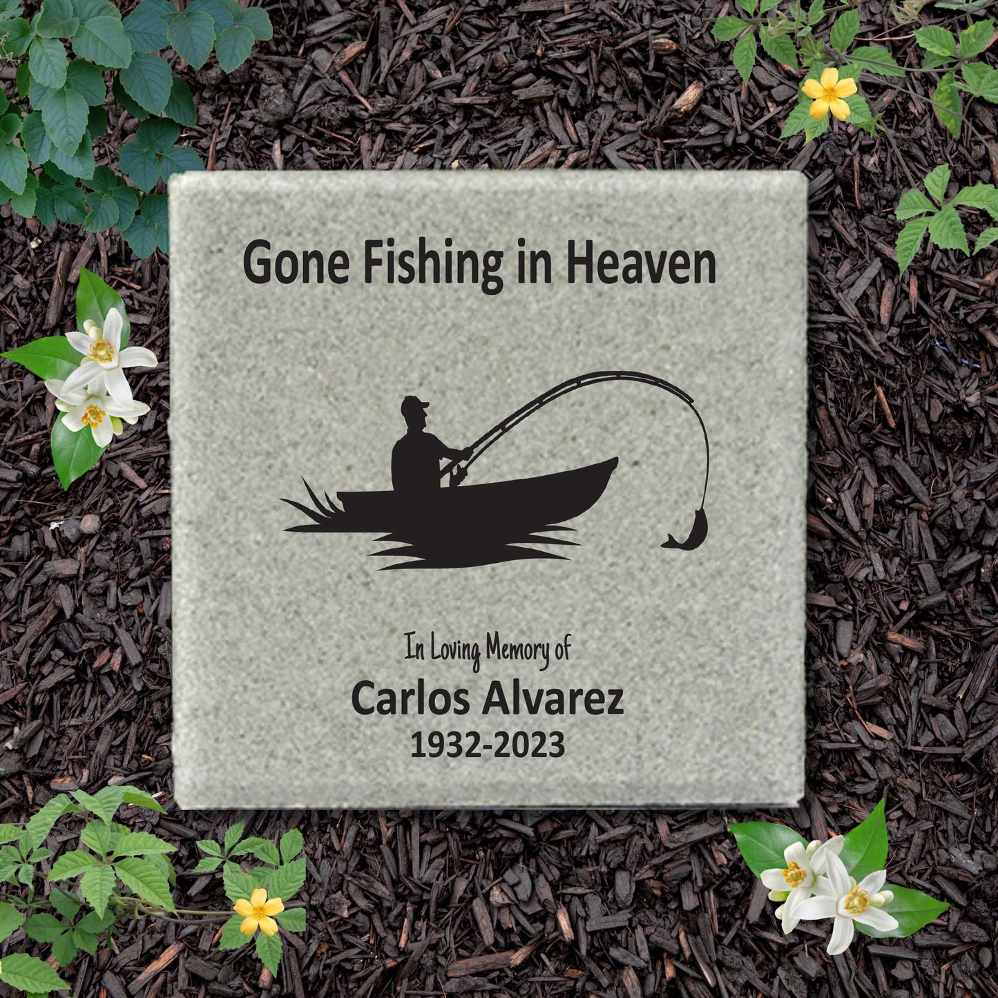 Memorial Stone - 12x12 Sympathy Bereavement Gift Funeral Gift - Gone Fishing- Condolence Gift - Custom Memorial Gift - Fisherman Memorial